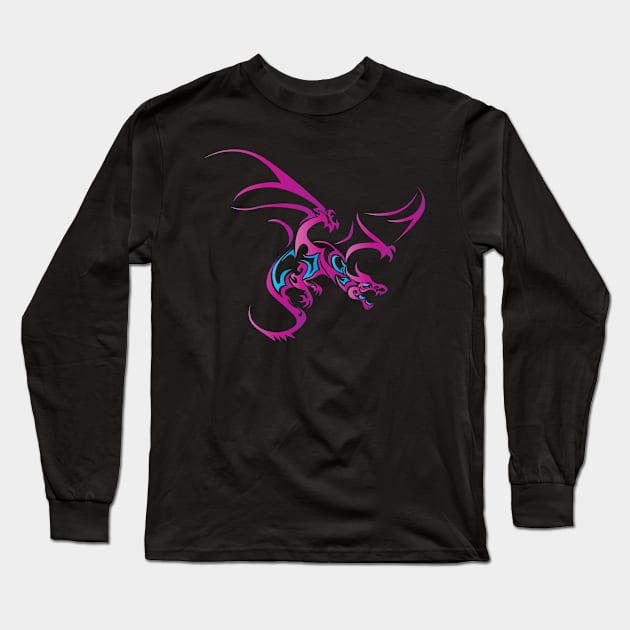 Flying Dragon in Tattoo/Tribal Style, Pink Long Sleeve T-Shirt by Designs by Darrin